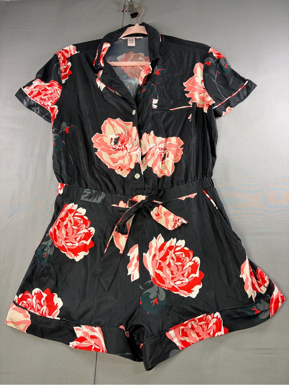Victoria's Secret Black Floral Short Pajama Romper with Pink & Red Blooms